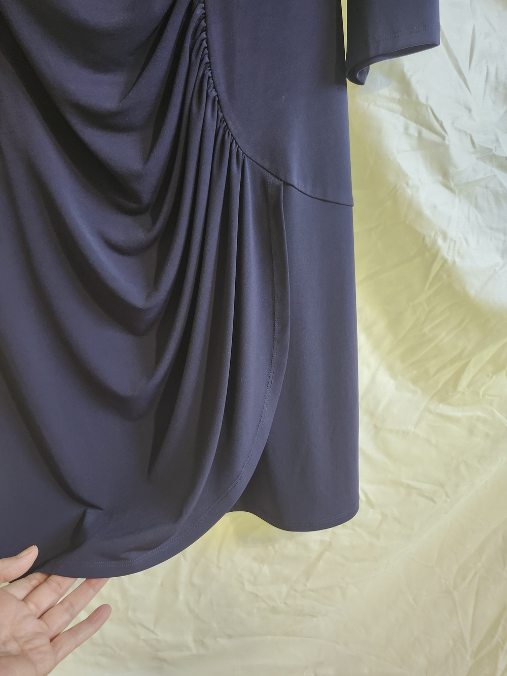 Calvin Klein Navy Faux-Wrap Ruched Midi Dress with Gold Zipper Detail - Picture 4 of 8